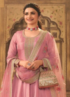 Prachi Desai Pink Dola Silk Embroidered Anarkali Suit Party Wear -Deals Chic Lehenga Store prachi desai pink dola silk embroidered anarkali suit slsrf26574 b
