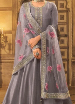 Prachi Desai Purple Dola Silk Embroidered Anarkali Suit Party Wear