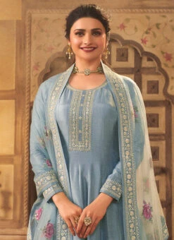 Prachi Desai Sky Blue Dola Silk Embroidered Anarkali Suit Party Wear -Deals Chic Lehenga Store prachi desai sky blue dola silk embroidered anarkali suit slsrf26573 b