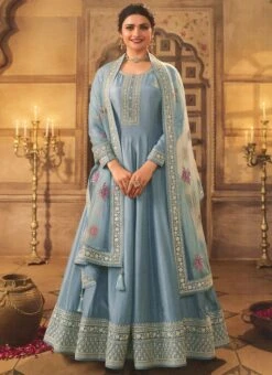 Prachi Desai Sky Blue Dola Silk Embroidered Anarkali Suit Party Wear -Deals Chic Lehenga Store prachi desai sky blue dola silk embroidered anarkali suit slsrf26573 u