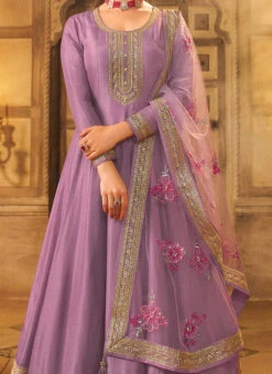 Prachi Desai Violet Dola Silk Embroidered Anarkali Suit Party Wear