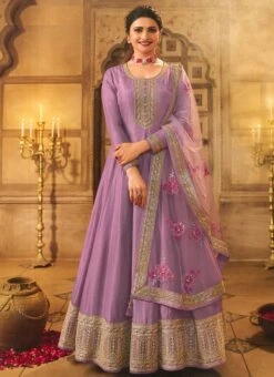 Prachi Desai Violet Dola Silk Embroidered Anarkali Suit Party Wear -Deals Chic Lehenga Store prachi desai violet dola silk embroidered anarkali suit slsrf26577 u