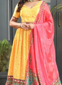Pretty Yellow Satin Silk N Pink Dupatta Digital Printed Work Umbrella Lehenga Festive Wear