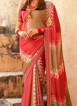 Printed Work Gajiri Pink Color Georgette Saree Party Wear