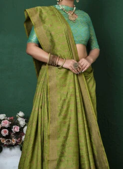 Pure Moonga Silk Mehendi Green Color Zari Embroidery Saree Festive Wear