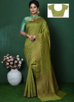 Pure Moonga Silk Mehendi Green Color Zari Embroidery Saree Festive Wear -Deals Chic Lehenga Store pure moonga silk mehendi green color zari embroidery saree savns137a u