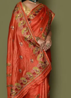 Pure Banarasi Silk Embroidered Fentta Orange Saree Wedding Wear