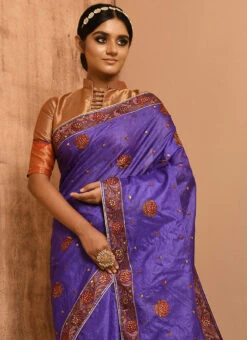 Purple Pure Tussar Silk Embroidery Work Saree Festive Wear -Deals Chic Lehenga Store purple banarasi silk embroidery work saree savns663f b