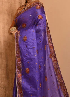 Purple Pure Tussar Silk Embroidery Work Saree Festive Wear