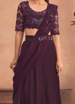 Purple Chinon Silk Embroidered Ready Pleated Saree Party Wear