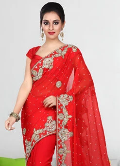 Red Faux Georgette Hand Work Sari Party Wear -Deals Chic Lehenga Store purple faux georgette hand work sari sadsf7210 b