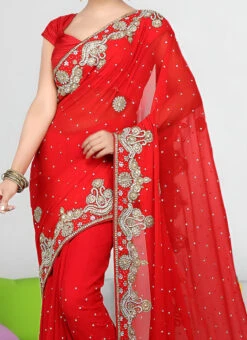 Red Faux Georgette Hand Work Sari Party Wear