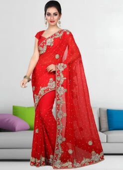 Red Faux Georgette Hand Work Sari Party Wear -Deals Chic Lehenga Store purple faux georgette hand work sari sadsf7210 u