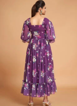 Purple Georgette Digital Print Fit And Flare Dress After Six Wear -Deals Chic Lehenga Store purple georgette digital print fit and flare dress drsacw9021 b