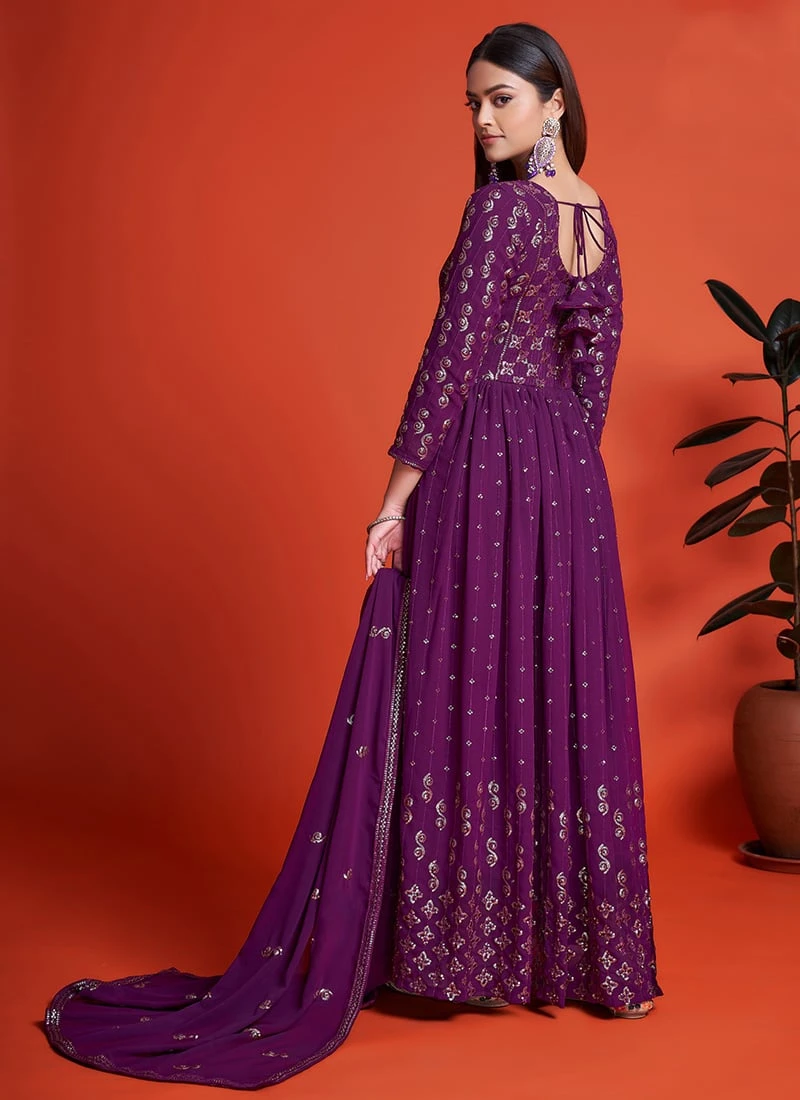 Purple Georgette Sequins Embroidered Anarkali Gown Party Wear 4 Purple Georgette Sequins Embroidered Anarkali Gown Party Wear - Image 4