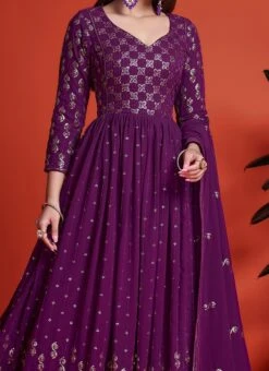 Purple Georgette Sequins Embroidered Anarkali Gown Party Wear