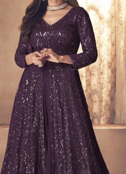 Purple Georgette Sequins Embroidery Long Choli Umbrella Lehenga Party Wear