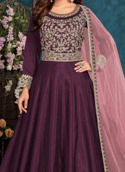 Purple Soft Art Silk Embroidered N Sequins Anarkali Suit Wedding Wear