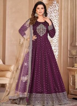 Purple Taffeta Embroidered Stones Anarkali Suit Party Wear -Deals Chic Lehenga Store purple taffeta embroidered stones anarkali suit slsdc6602 u