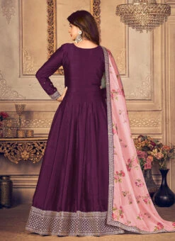 Purple Tussar Silk Embroidery Anarkali Suit Party Wear -Deals Chic Lehenga Store purple tussar silk embroidery anarkali suit slsdc4102 b