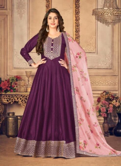 Purple Tussar Silk Embroidery Anarkali Suit Party Wear -Deals Chic Lehenga Store purple tussar silk embroidery anarkali suit slsdc4102 u