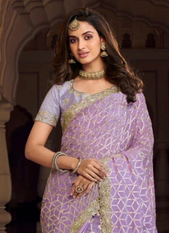 Purple Viscose Chanderi Silk Embroiderey N Zari Work Half N Half Saree Party Wear -Deals Chic Lehenga Store purple viscose chanderi silk embroiderey n zari work half n half saree sasklk1005 b