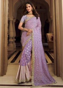 Purple Viscose Chanderi Silk Embroiderey N Zari Work Half N Half Saree Party Wear -Deals Chic Lehenga Store purple viscose chanderi silk embroiderey n zari work half n half saree sasklk1005 u