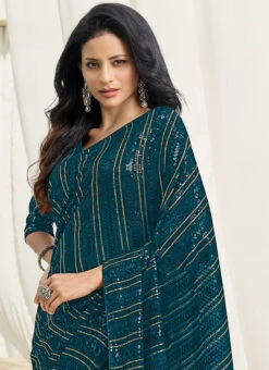 Rama Blue Faux Georgette Embroidered Saree Party Wear -Deals Chic Lehenga Store rama blue faux georgette embroidered saree sasafh1207 b