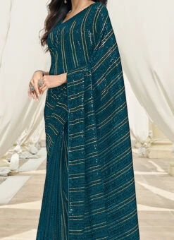 Rama Blue Faux Georgette Embroidered Saree Party Wear
