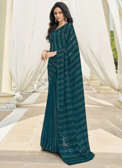 Rama Blue Faux Georgette Embroidered Saree Party Wear -Deals Chic Lehenga Store rama blue faux georgette embroidered saree sasafh1207 u