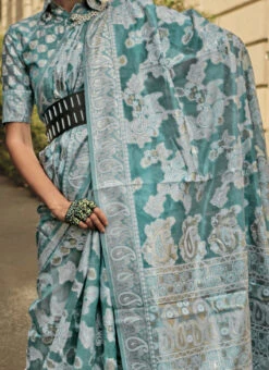 Rama Blue Organza Chikankari Saree Festive Wear