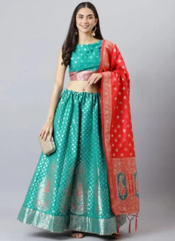 Rama Green Benarasi Silk Jacquard Woven Umbrella Lehenga Festive Wear -Deals Chic Lehenga Store rama green benarasi silk jacquard woven umbrella lehenga ghsli1735391 u
