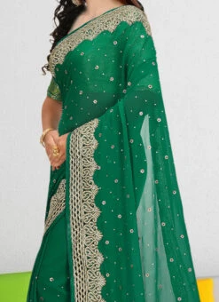 Rama Green Georgette Hand Work Saree Party Wear