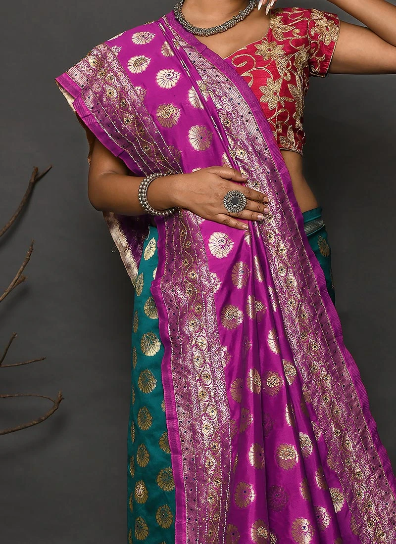 Rama Green Kanjeevaram Silk Hand Work Half N Half Saree Festive Wear 1 Rama Green Kanjeevaram Silk Hand Work Half N Half Saree Festive Wear