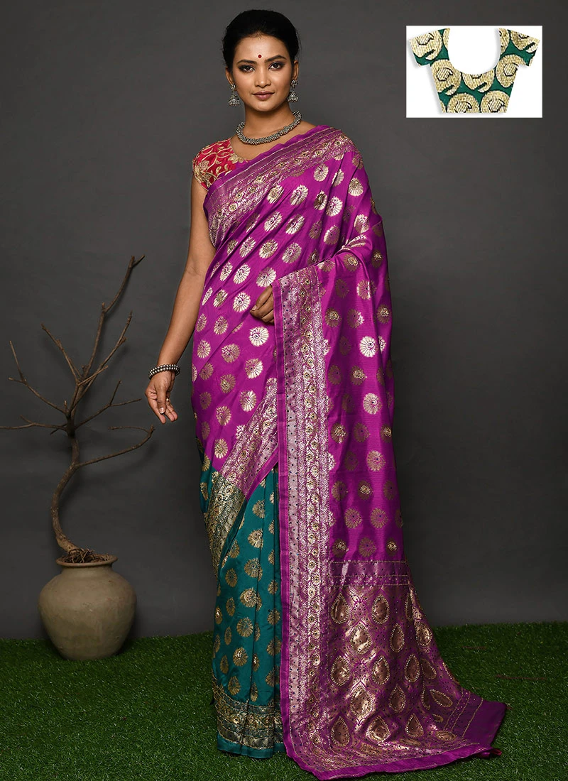 Rama Green Kanjeevaram Silk Hand Work Half N Half Saree Festive Wear 3 Rama Green Kanjeevaram Silk Hand Work Half N Half Saree Festive Wear - Image 3