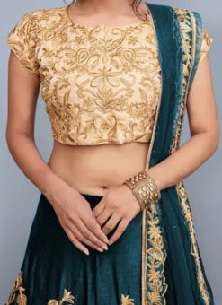 Rama Green Velvet Embroidered N Sequins Umbrella Lehenga Party Wear