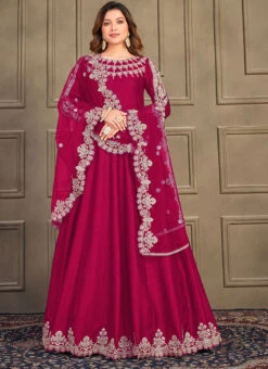 Rani Pink Art Silk Embroidery Anarkali Suit Party Wear -Deals Chic Lehenga Store rani pink art silk embroidery anarkali suit slsdc10064 u