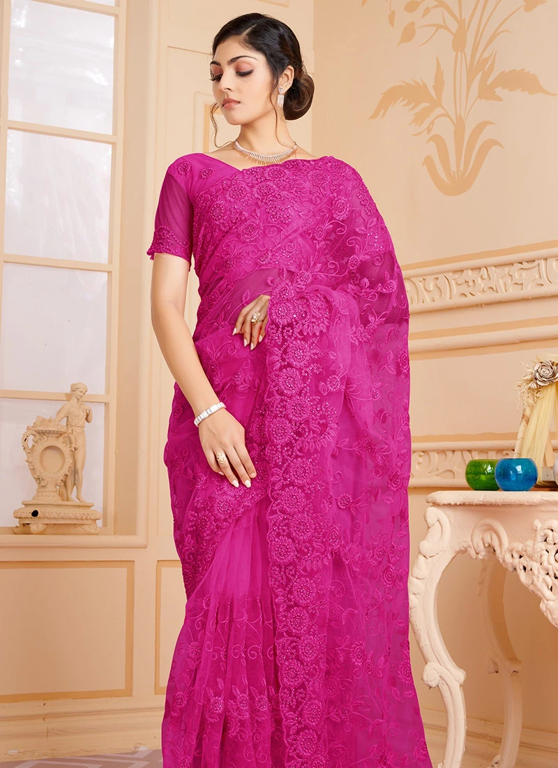 Rani Pink Color Net Resham Embroidery With Moti And Stone Work Saree Party Wear 4 Rani Pink Color Net Resham Embroidery With Moti And Stone Work Saree Party Wear - Image 4