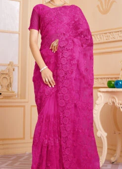 Rani Pink Color Net Resham Embroidery With Moti And Stone Work Saree Party Wear