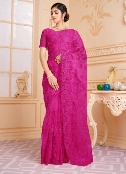 Rani Pink Color Net Resham Embroidery With Moti And Stone Work Saree Party Wear 6 Rani Pink Color Net Resham Embroidery With Moti And Stone Work Saree Party Wear -Deals Chic Lehenga Store rani pink color net resham embroidery with moti and stone work saree sasunl1566 u