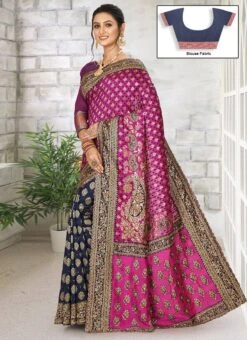 Rani Pink N Blue Kanjeevaram Silk Hand Work Half N Half Saree Festive Wear -Deals Chic Lehenga Store rani pink n blue kanjeevaram silk hand work half n half saree sadsf4334 u