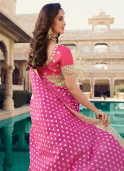 Rani Pink Viscose Chanderi Silk Embroiderey N Zari Work Half N Half Saree Party Wear -Deals Chic Lehenga Store rani pink viscose chanderi silk embroiderey n zari work half n half saree sasklk1007 b