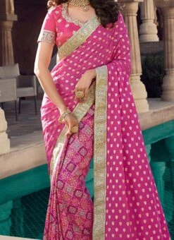 Rani Pink Viscose Chanderi Silk Embroiderey N Zari Work Half N Half Saree Party Wear