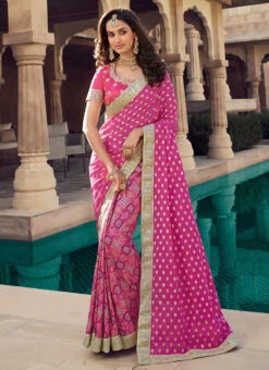 Rani Pink Viscose Chanderi Silk Embroiderey N Zari Work Half N Half Saree Party Wear -Deals Chic Lehenga Store rani pink viscose chanderi silk embroiderey n zari work half n half saree sasklk1007 u