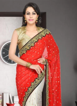 Red And White Georgette Hand Work Half N Half Saree Party Wear -Deals Chic Lehenga Store red and white georgette hand work half n half saree sadsf4862 b