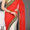 Red And White Georgette Hand Work Half N Half Saree Party Wear