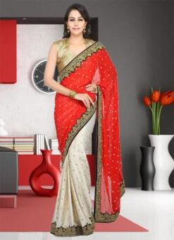 Red And White Georgette Hand Work Half N Half Saree Party Wear -Deals Chic Lehenga Store red and white georgette hand work half n half saree sadsf4862 u