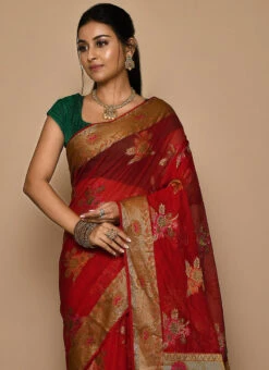 Red Banarasi Silk N Georgette Zari Work Saree Party Wear -Deals Chic Lehenga Store red banarasi silk n georgette zari work saree savns685b b
