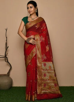 Red Banarasi Silk N Georgette Zari Work Saree Party Wear -Deals Chic Lehenga Store red banarasi silk n georgette zari work saree savns685b u