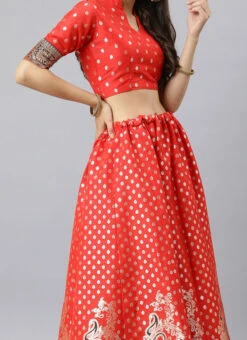Red Benarasi Silk Jacquard Woven Umbrella Lehenga Festive Wear